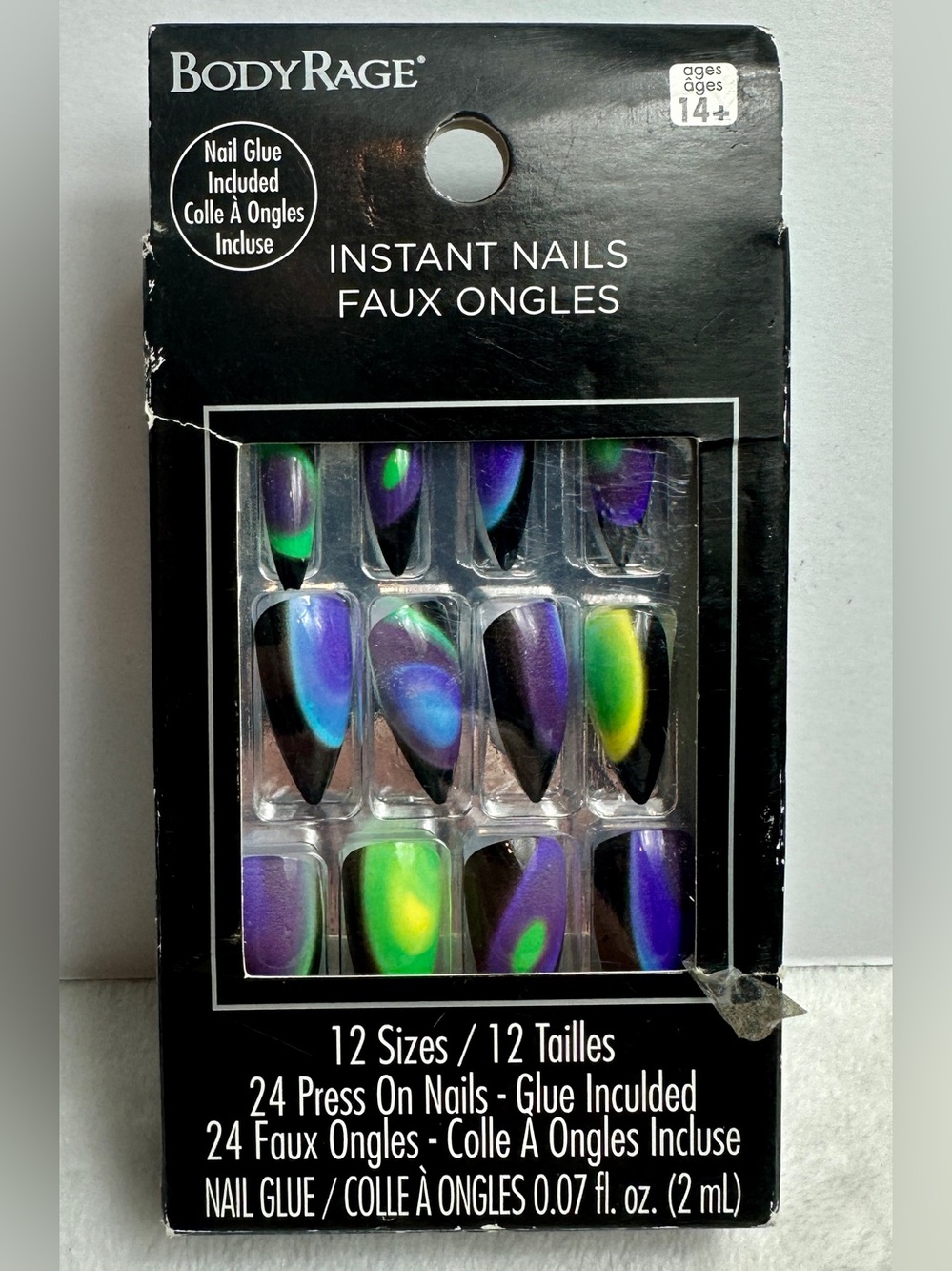 Spencer’s BodyRage Press on Nails Aura blue green purple cat eye NEW 24p 12 szs